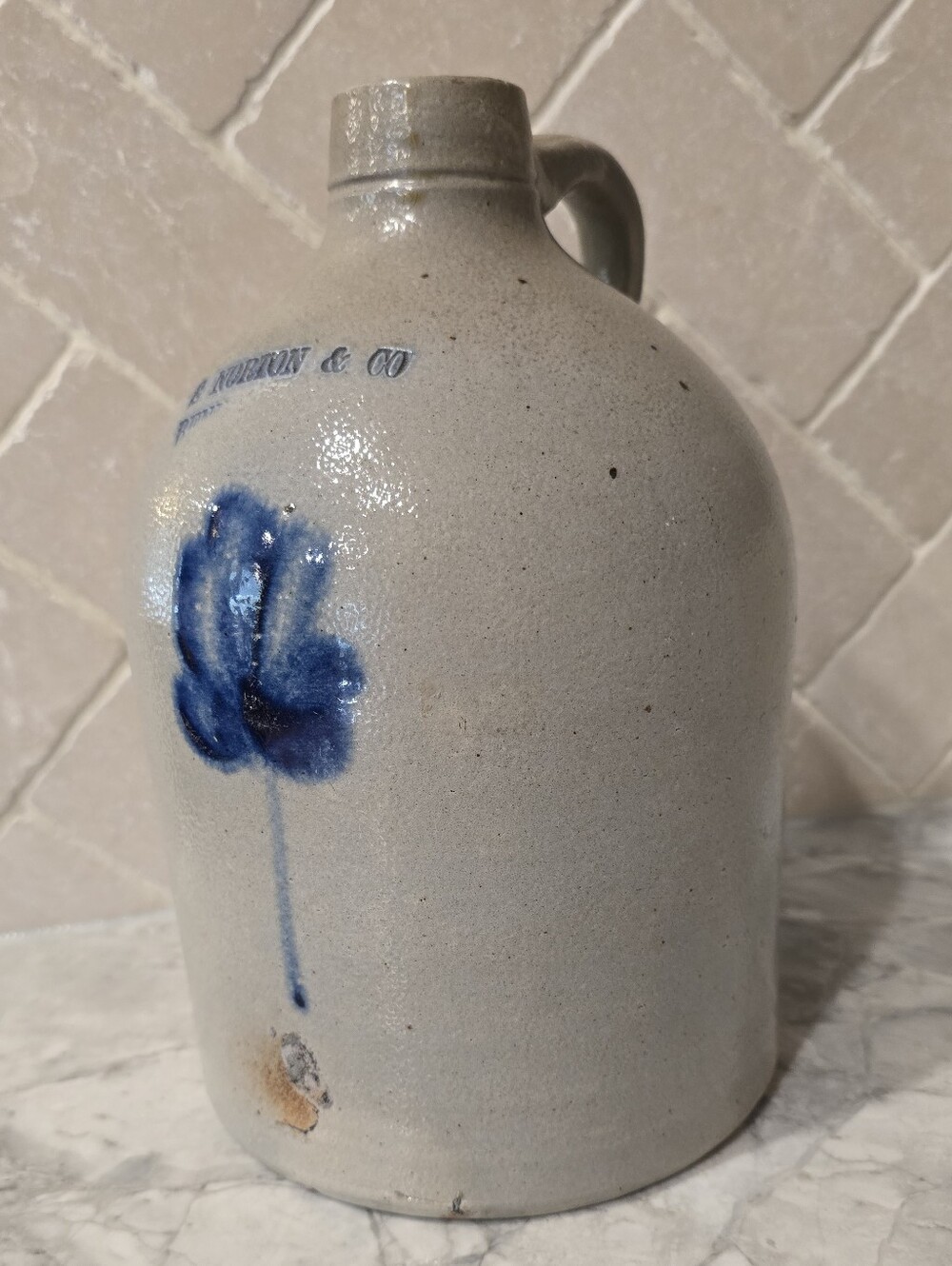 Antique Salt Glazed Cobalt Slip Decorated Crock Jug Pot Stamped E Norton & Co.